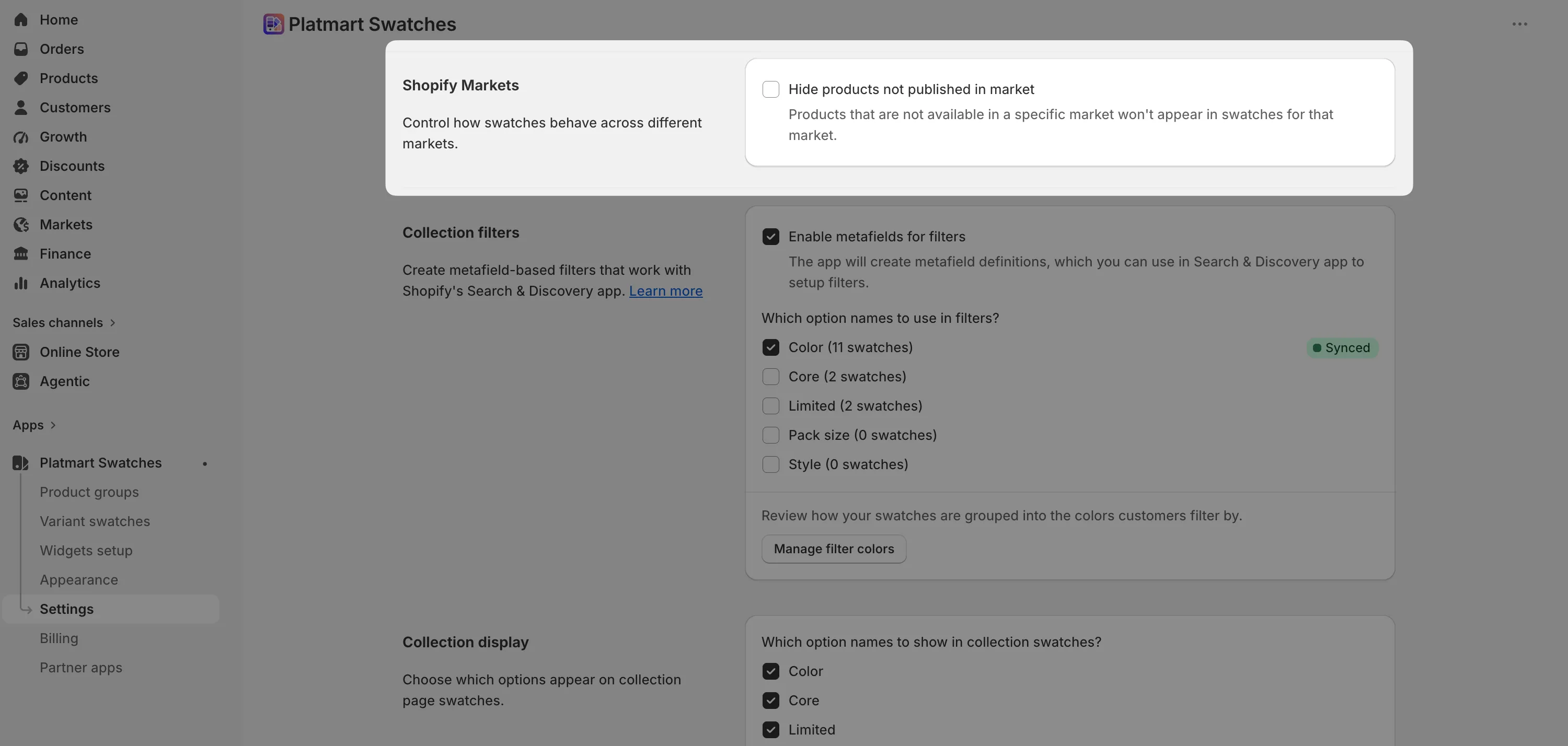 The Shopify Markets card in Settings, Product groups, with Hide products not published in market enabled