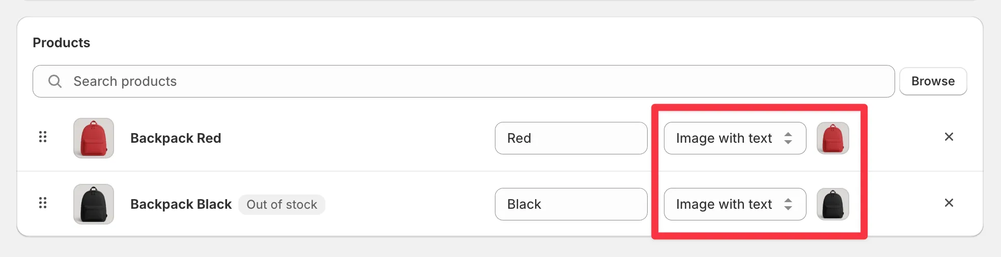 A group's product list with Image with text selected for Backpack Red and Backpack Black.