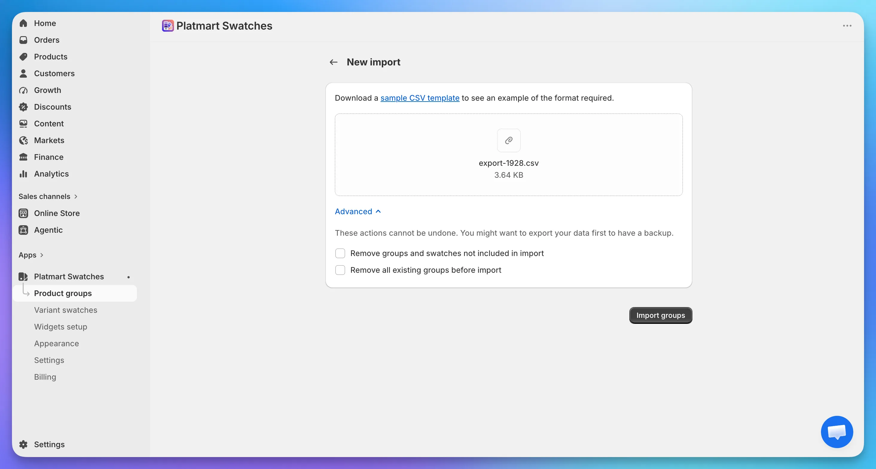 The New import screen: the sample CSV template link, a file dropzone with an uploaded CSV, and the Advanced section showing both remove options.