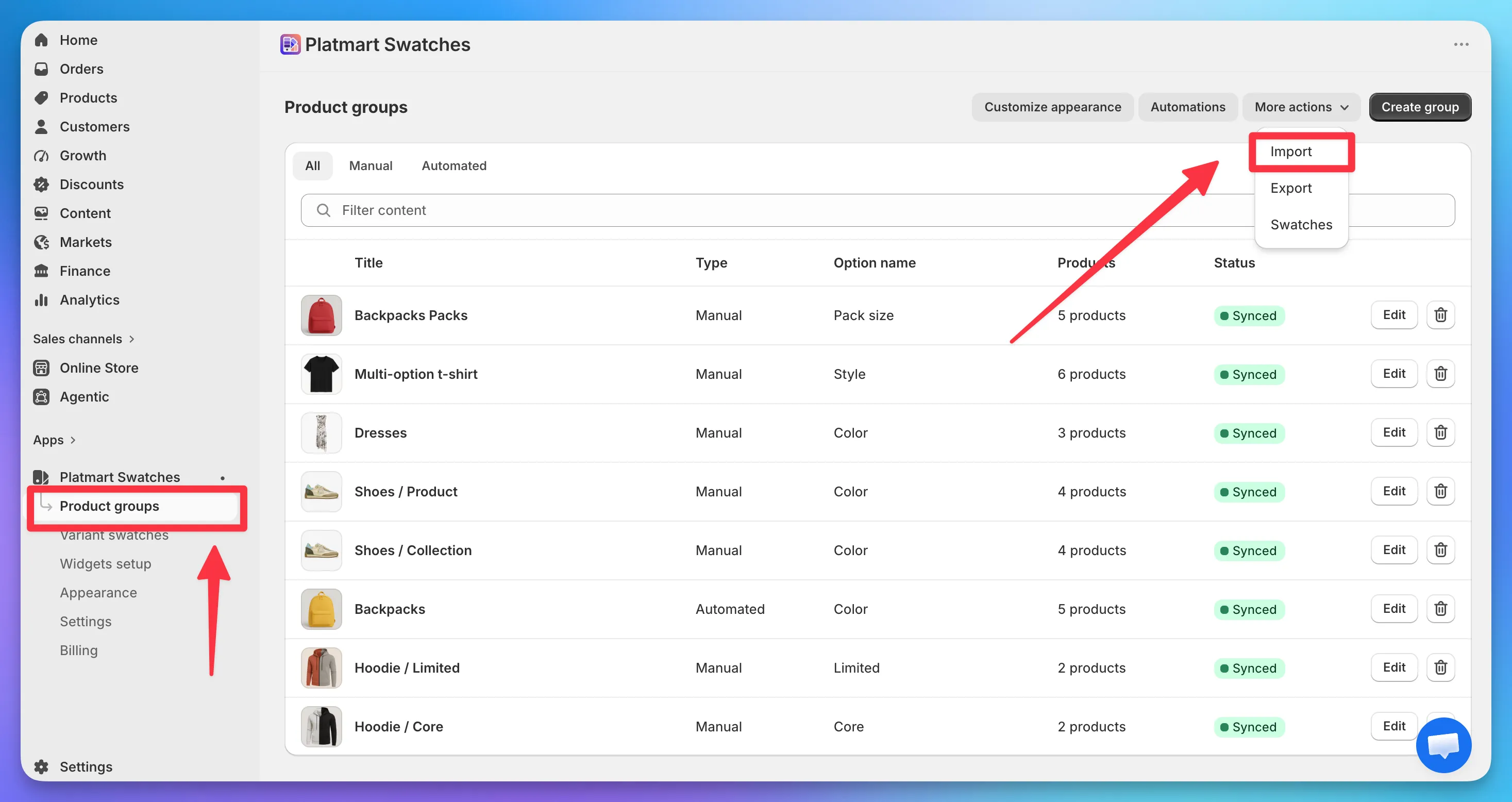 The Product groups page with the More actions menu open and Import highlighted.