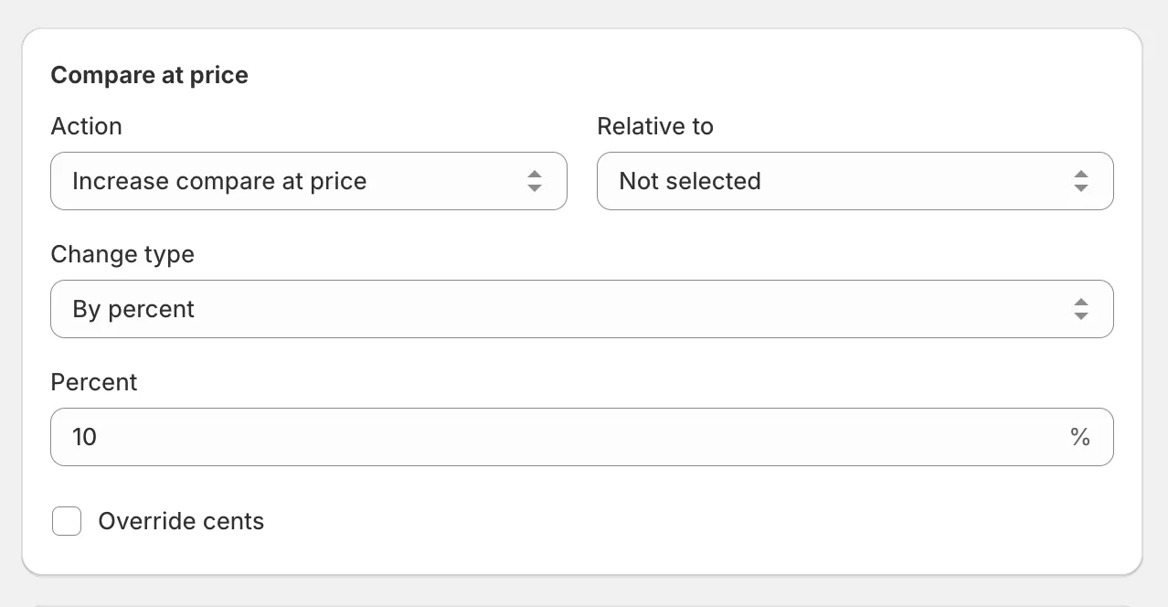 The Compare at price card with Increase compare at price selected