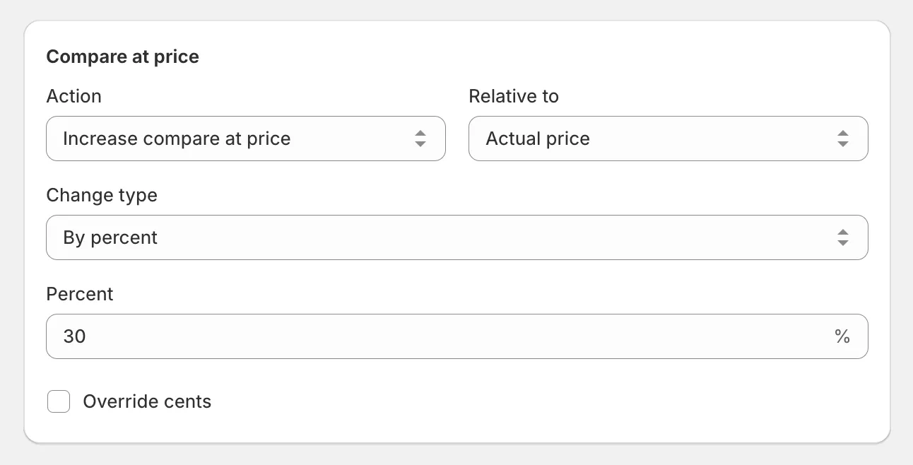 The Relative to field for compare at price with Actual price selected