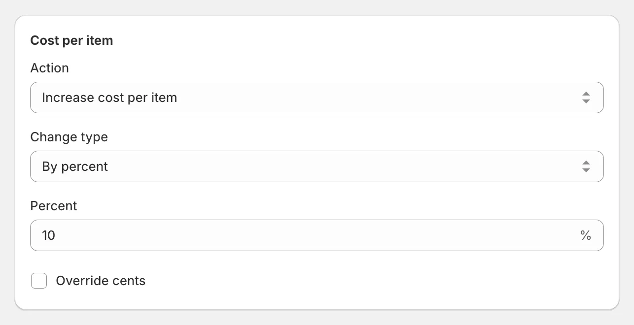 The Cost per item card with Increase cost per item selected