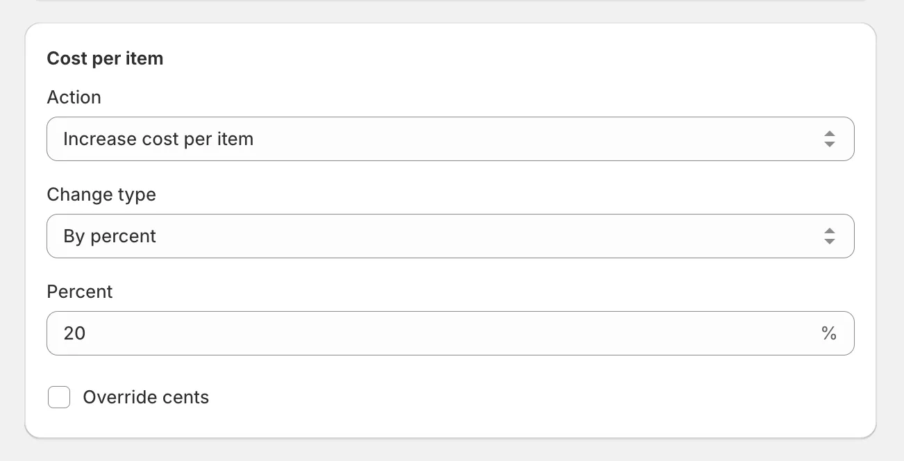 The Cost per item card with Increase cost per item selected and a percent entered
