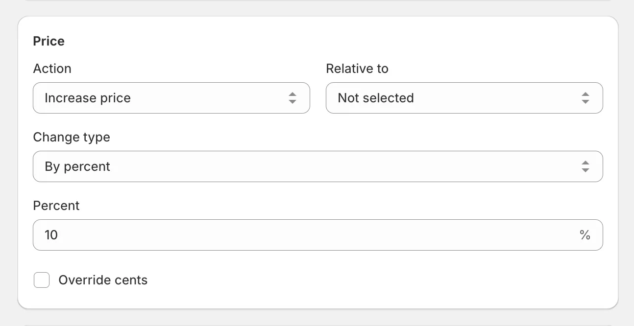 The Price card with Increase price selected and a percent entered