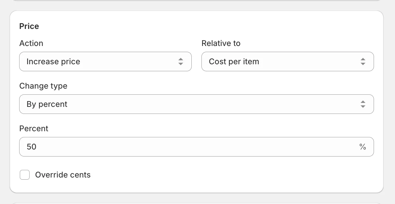 The Relative to field with Cost per item selected