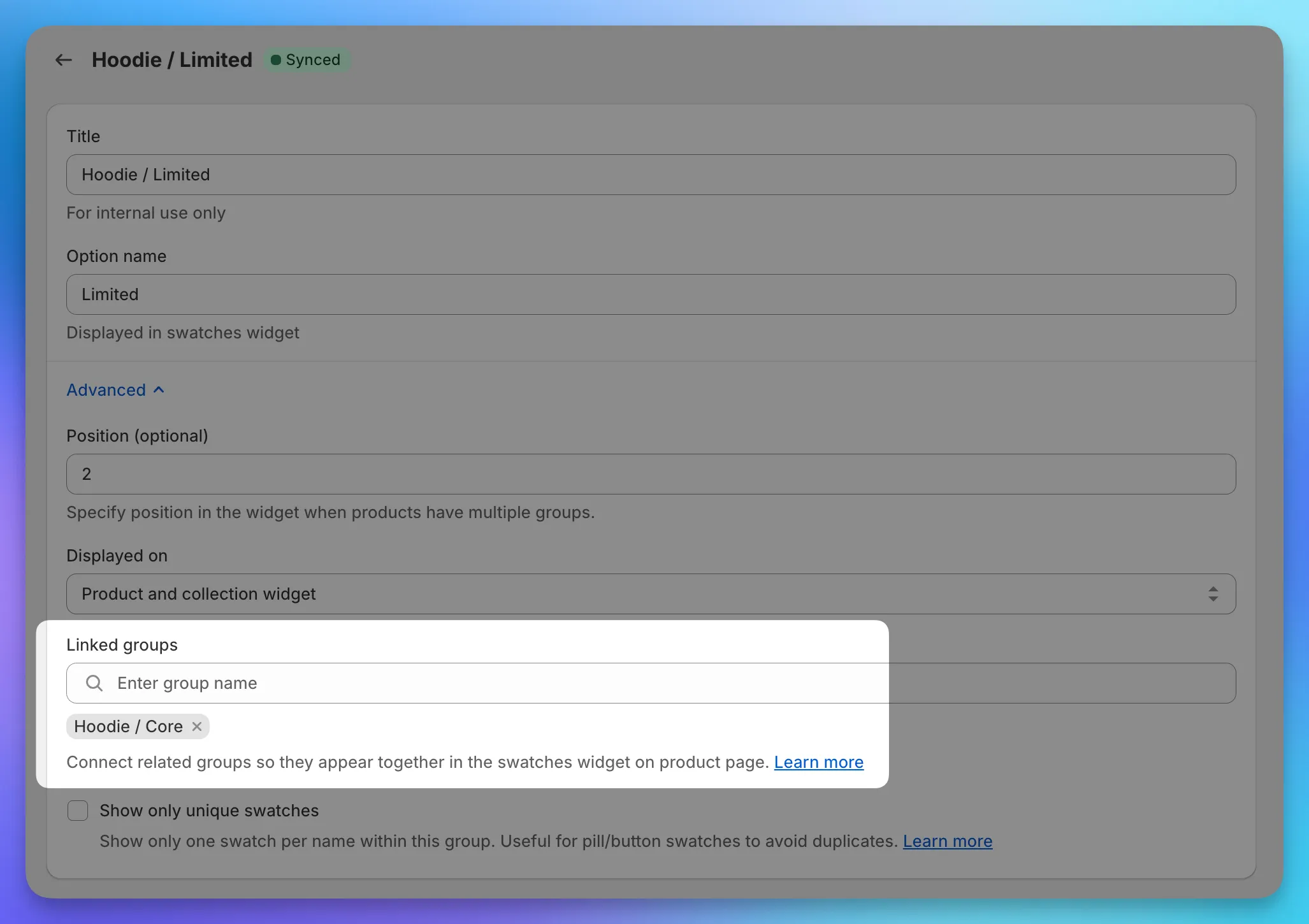 The Advanced settings panel of a group with the Linked groups dropdown open and the other group selected.