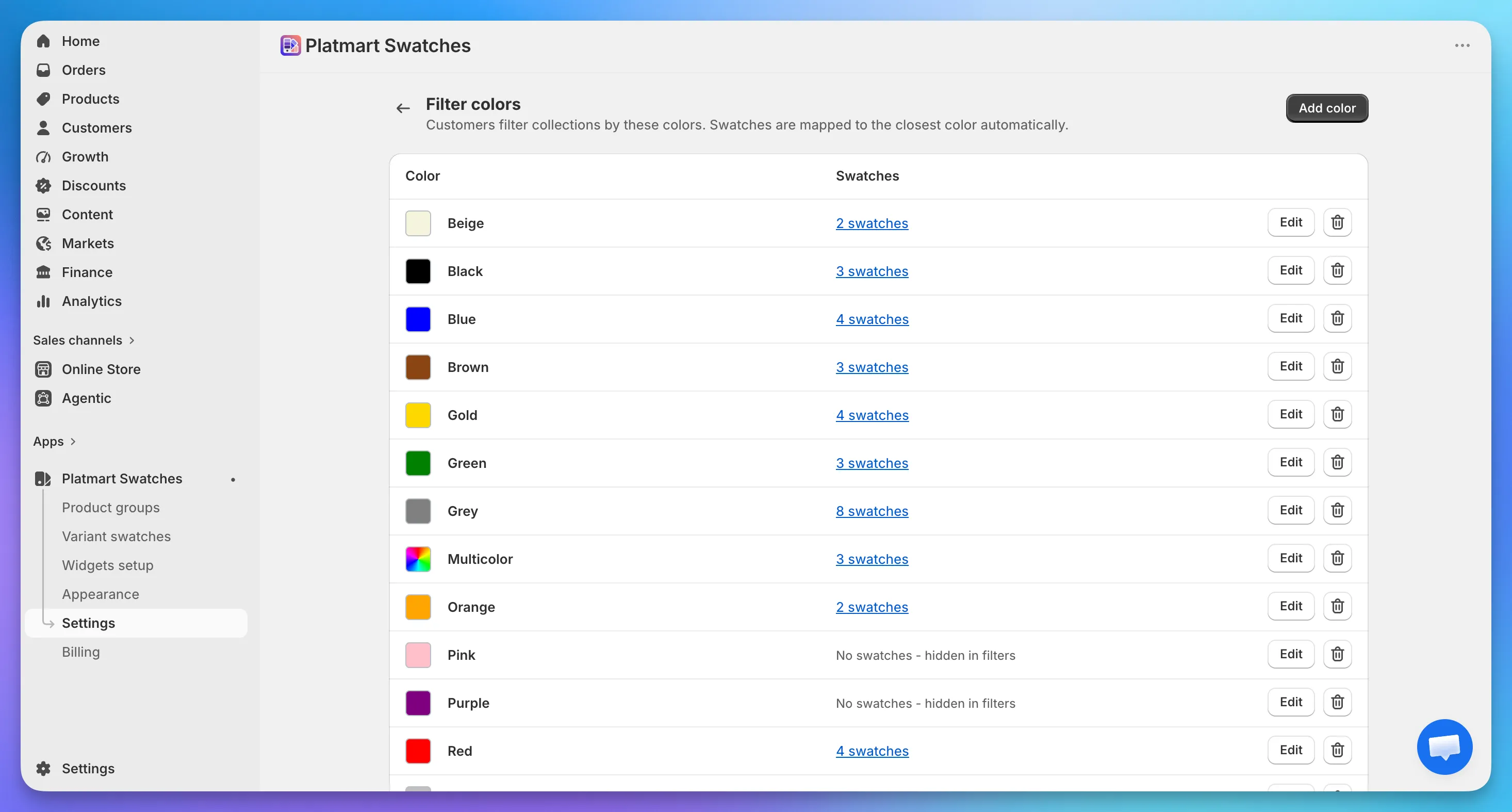 The Filter colors page listing colors such as Beige, Black, Blue, and Grey, each showing how many swatches map to it. Pink and Purple show 'No swatches - hidden in filters'.