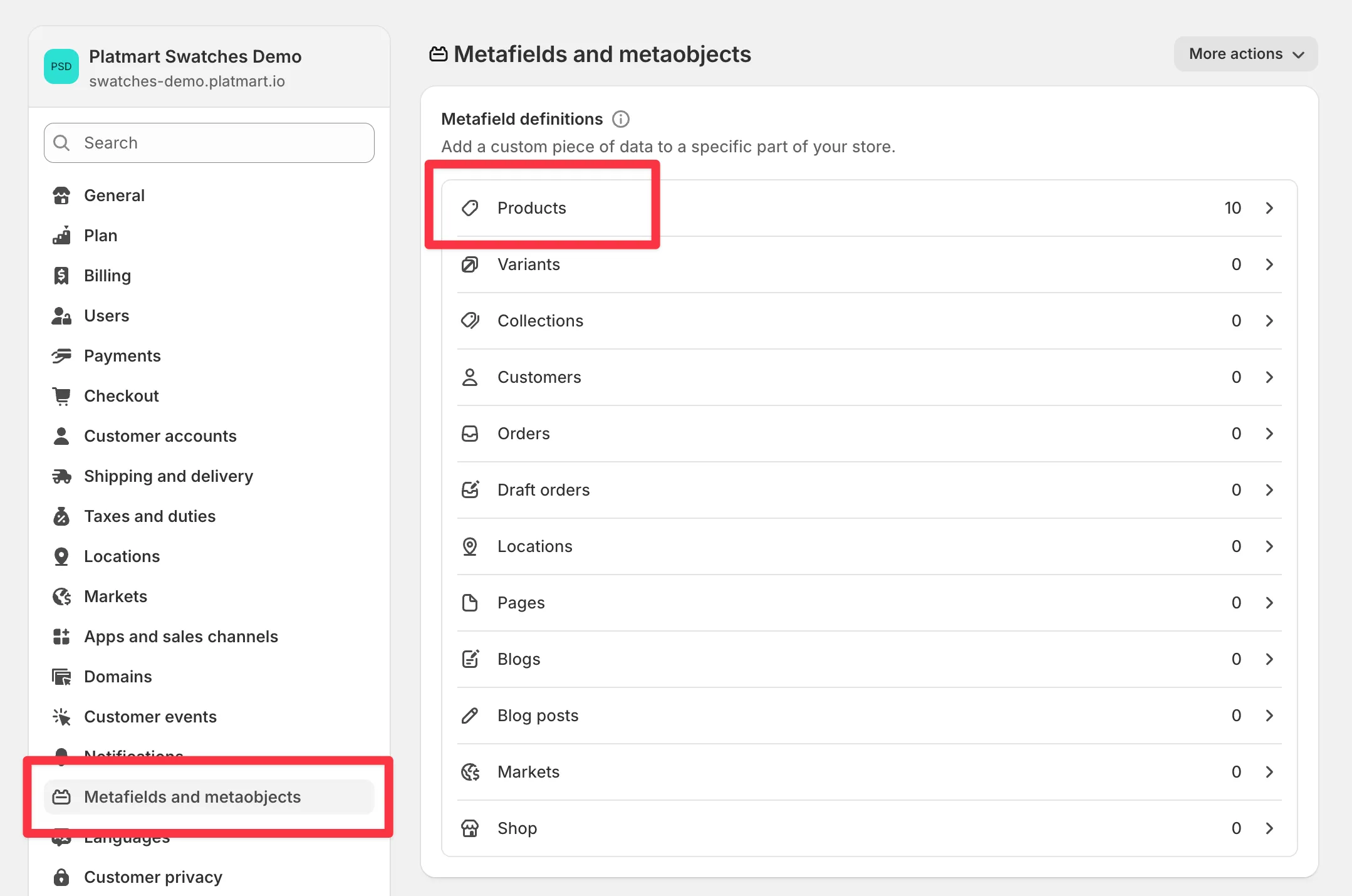 Shopify's Metafields and metaobjects settings with Products selected.