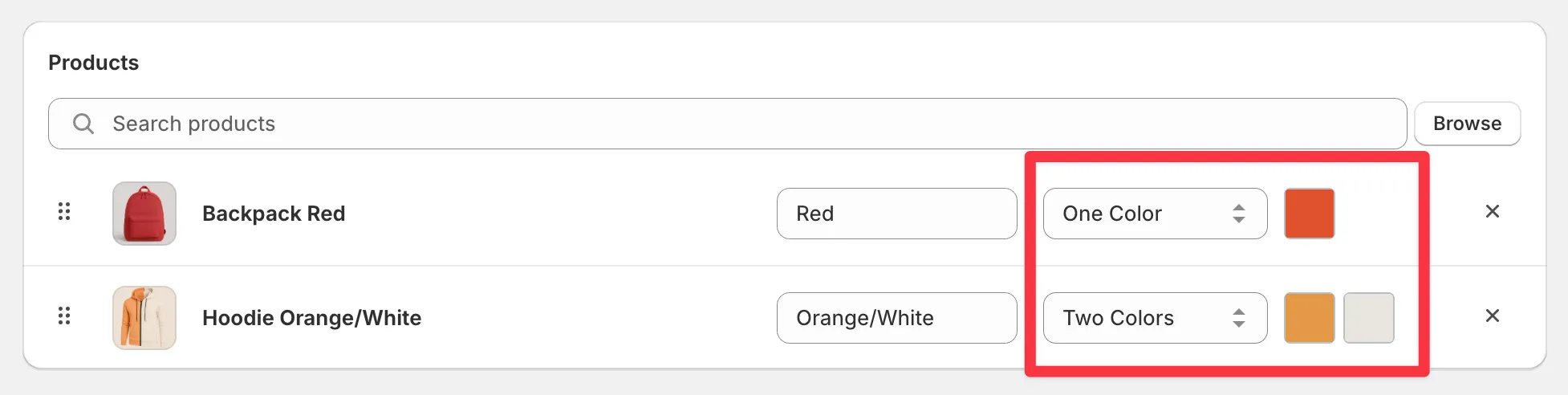 A group's product list with a One Color swatch set on Backpack Red and a Two Colors swatch set on Hoodie Orange/White.