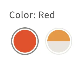 Storefront swatches labeled Color: Red - a solid red circle and a two-tone orange-and-white circle.