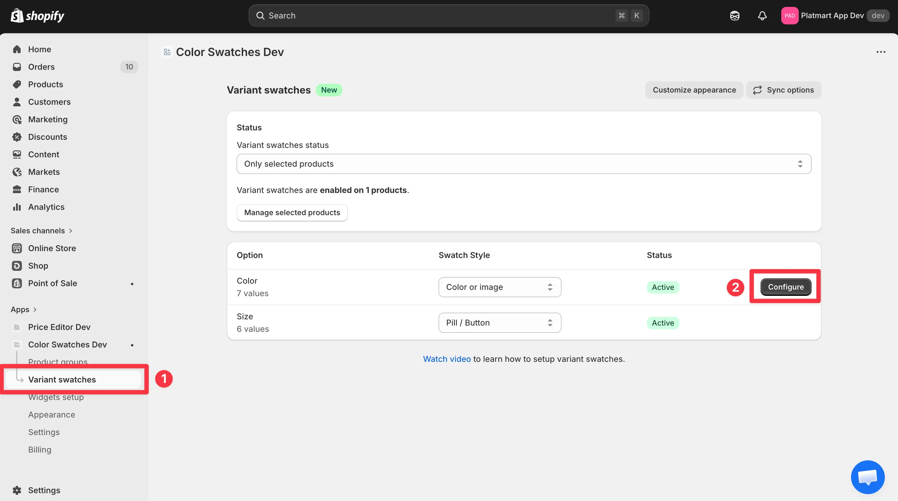 The Variant swatches page with the Variant swatches nav item and the Color option's Configure button highlighted.