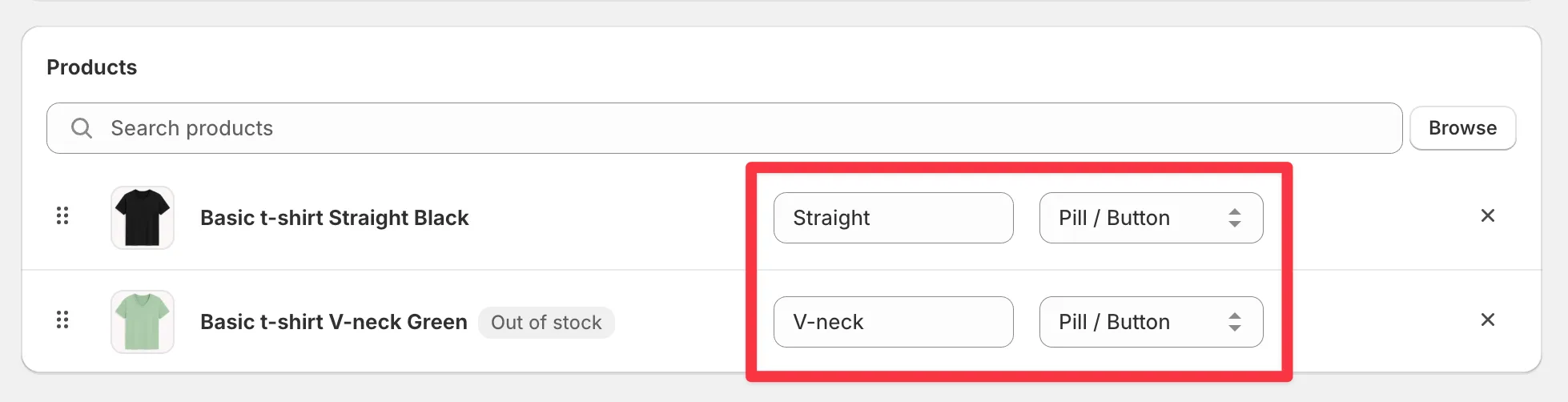 A group's product list with Pill / Button selected and swatch names Straight and V-neck.