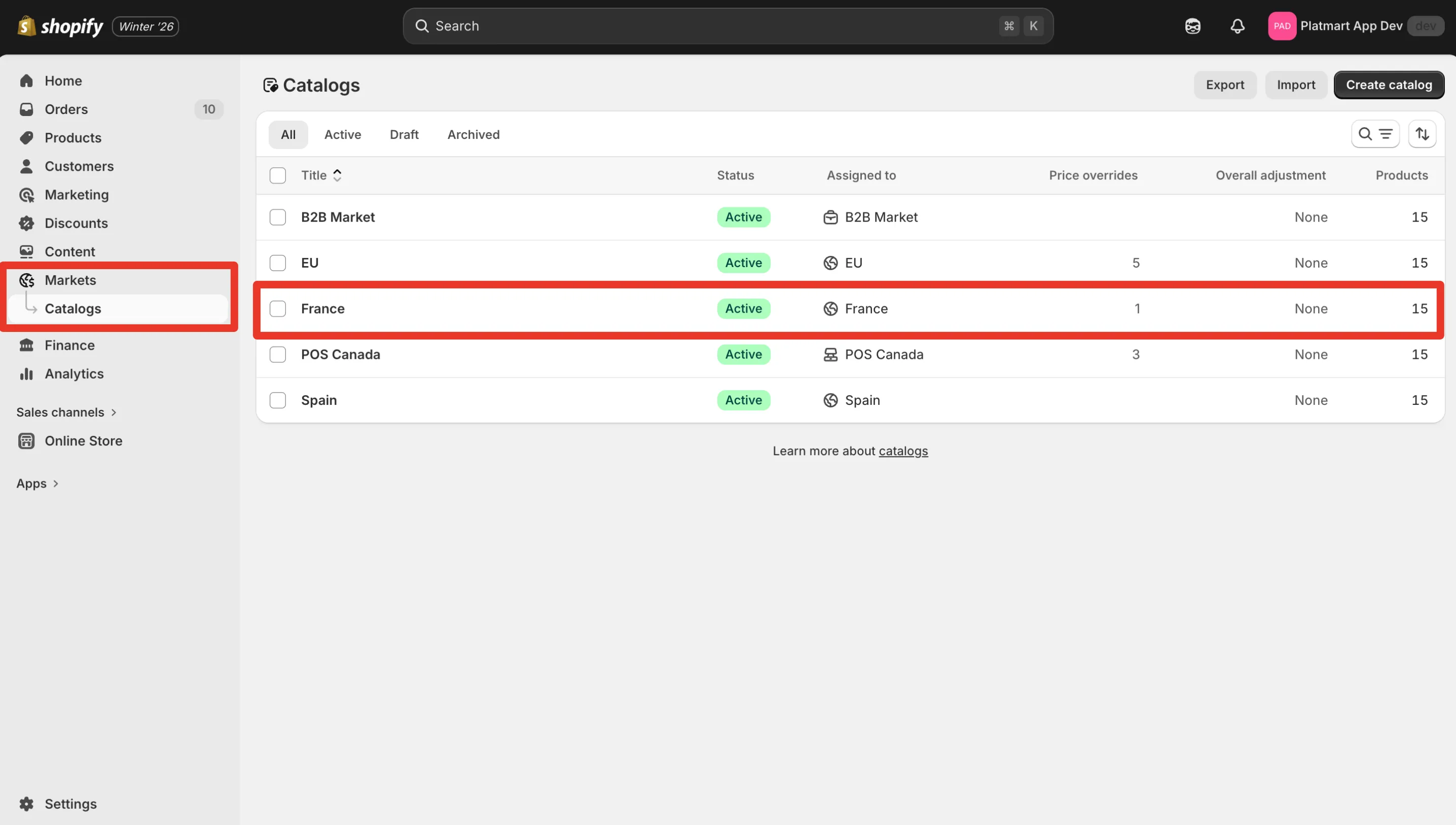 The Catalogs page in the Shopify admin with a market catalog highlighted
