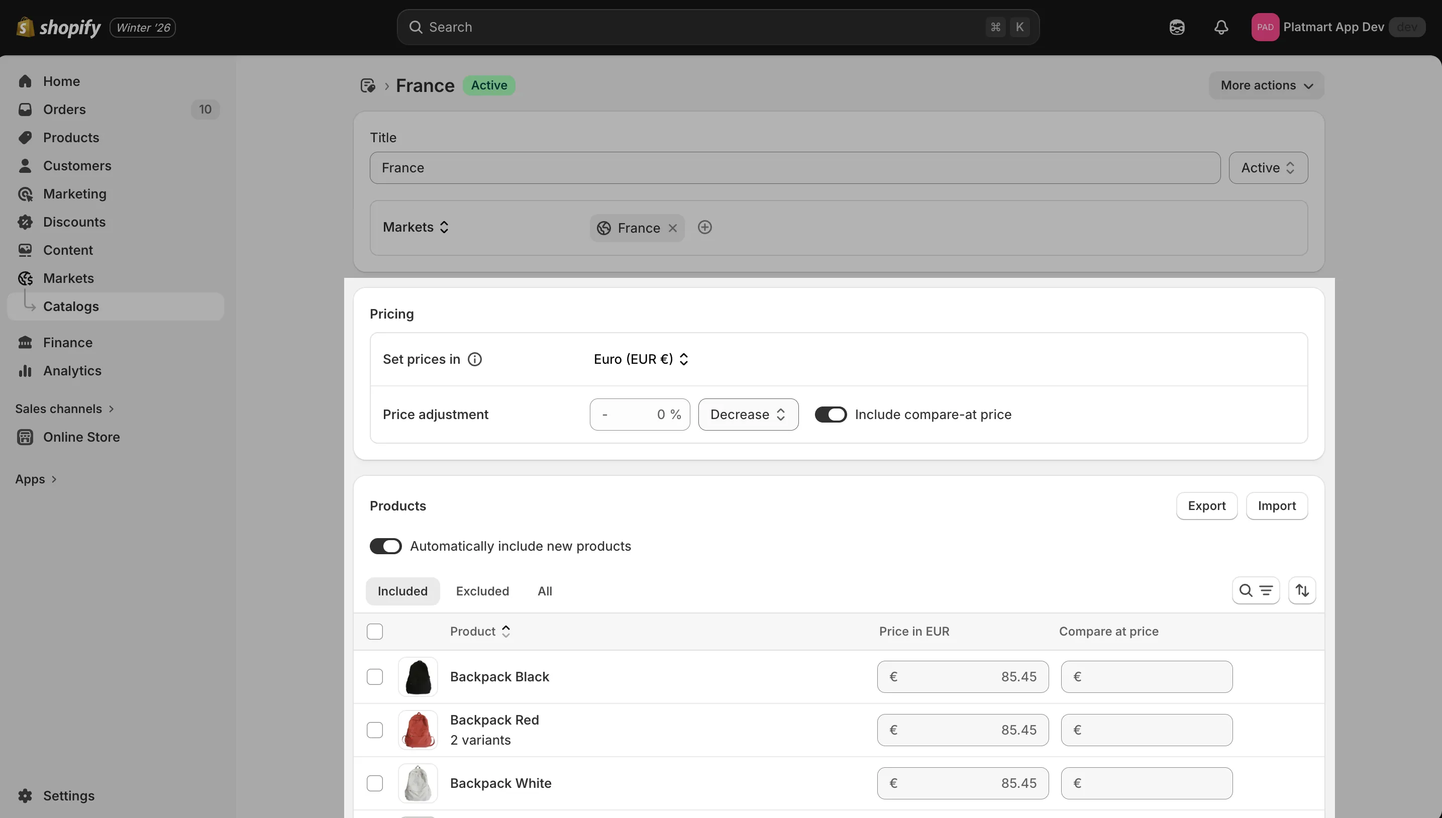 The market catalog's products and pricing section with fixed prices