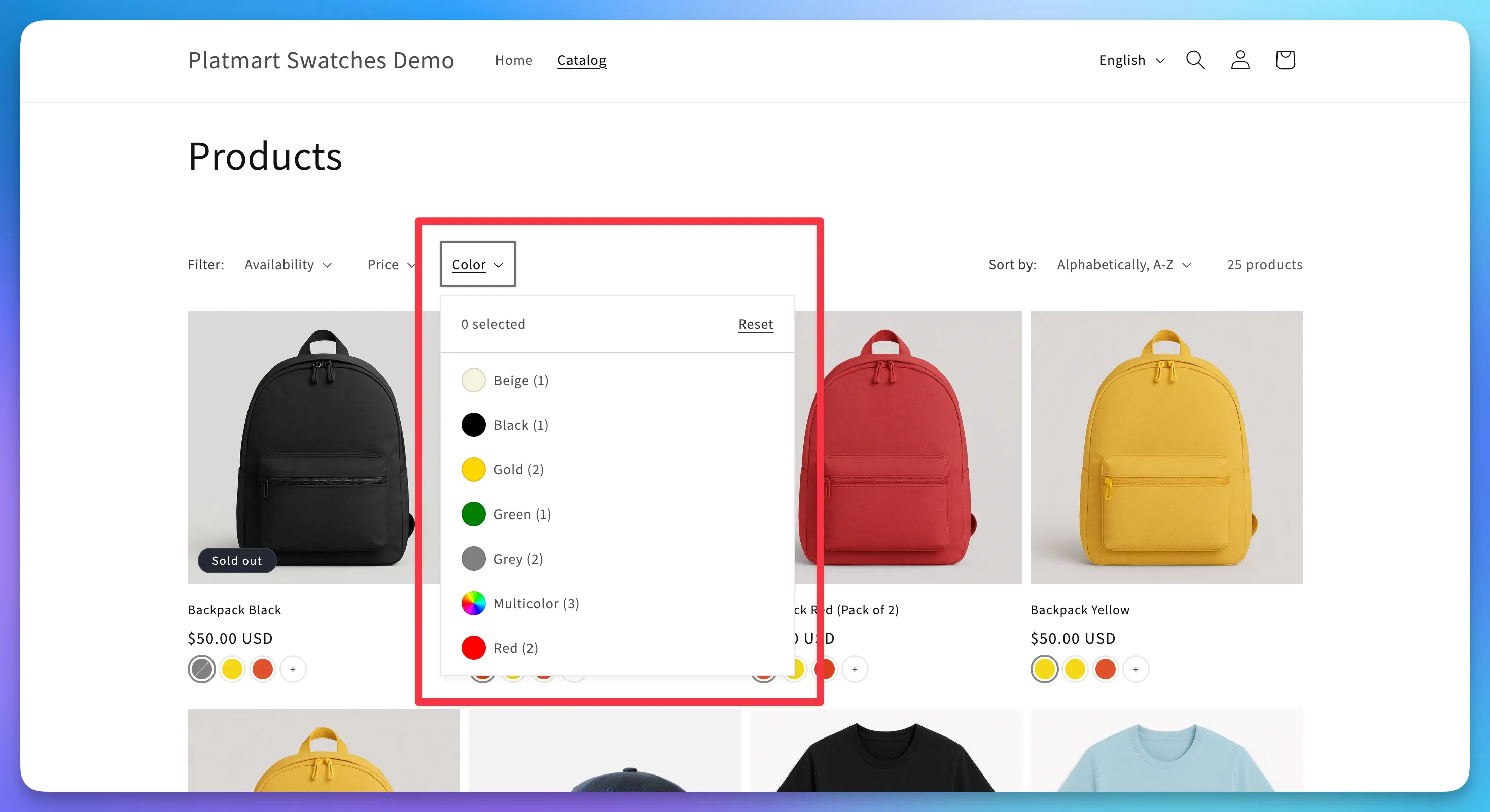 A storefront collection of backpacks with the Color filter open, showing swatches for Beige, Black, Gold, Green, Grey, Multicolor, and Red, each with a product count