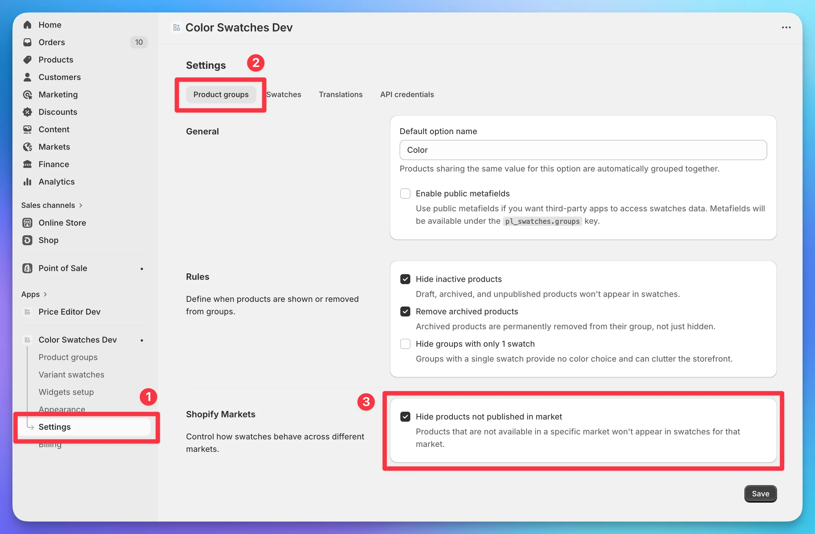 Product groups settings showing the Shopify Markets section with the hide unpublished products checkbox