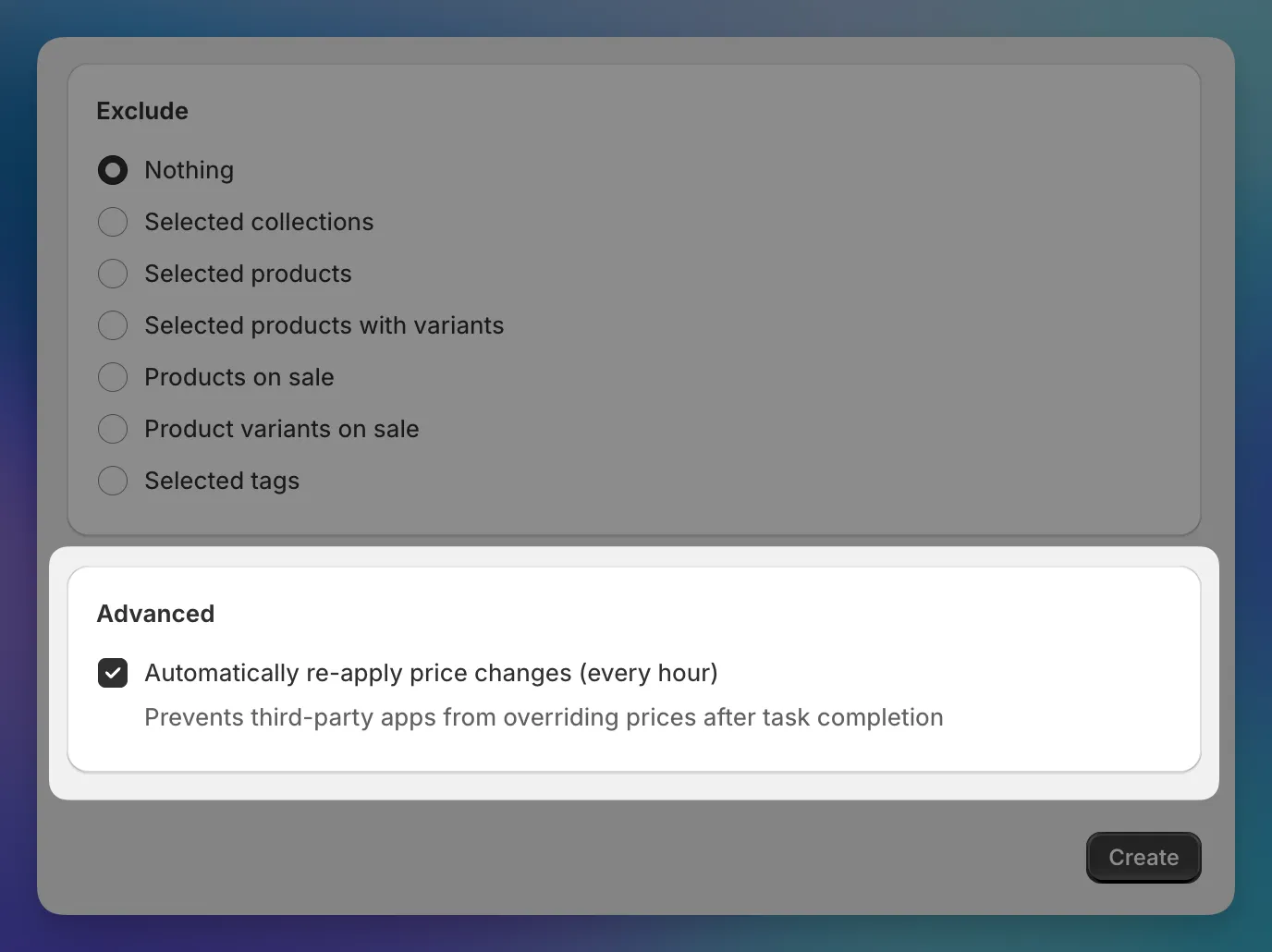 Task creation form with auto-reapply checkbox in the Advanced section
