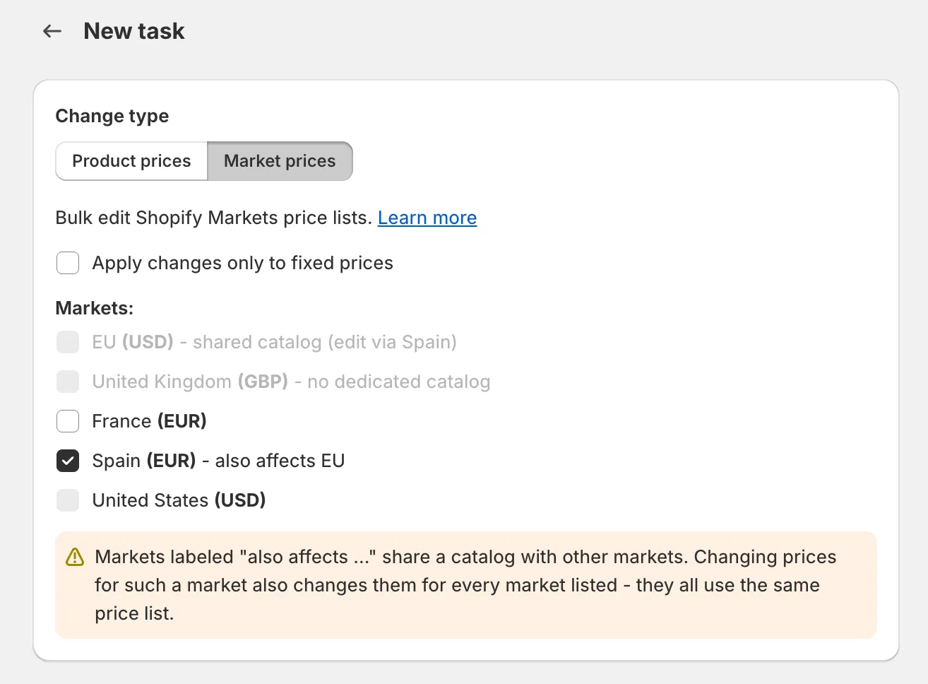 Market selector with an editable market labeled to show the other markets it also affects, plus a warning banner about shared catalogs