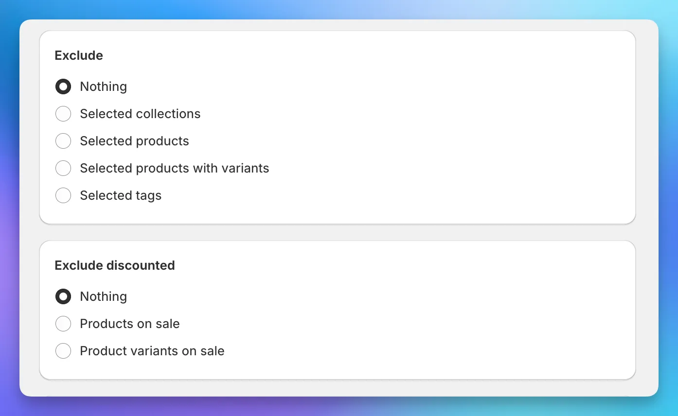 Task form showing separate Exclude and Exclude discounted cards with independent radio button options
