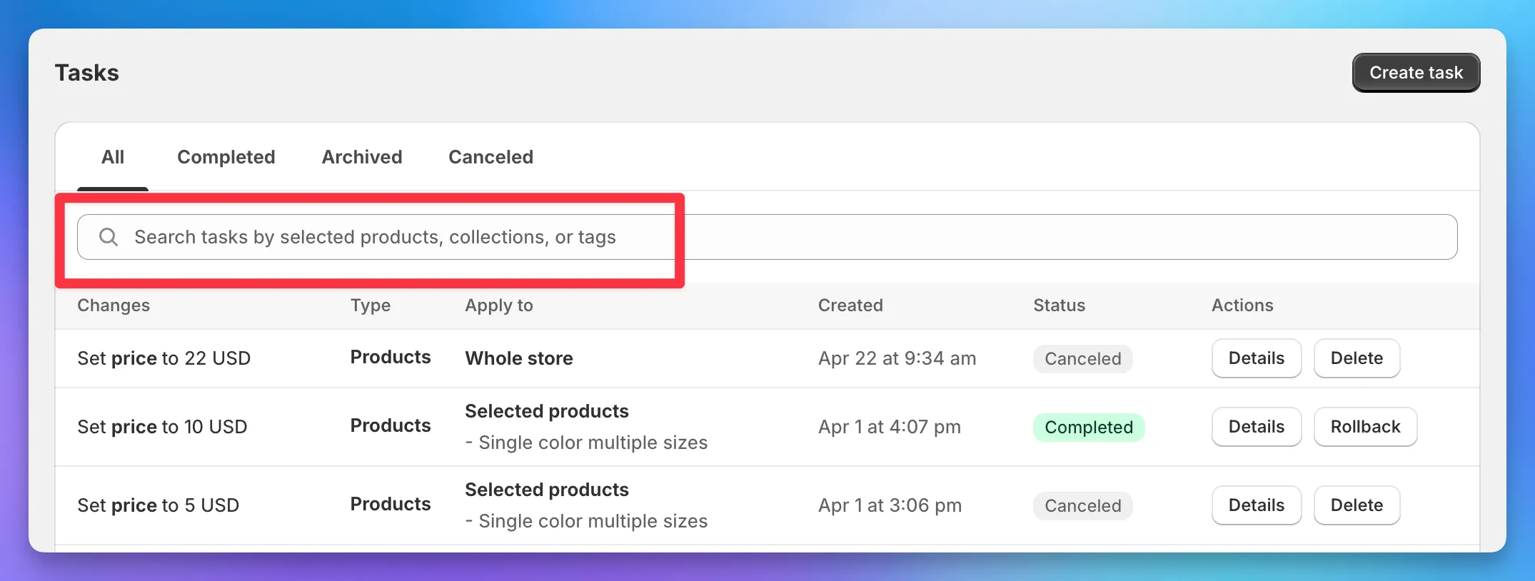 Tasks index page with a search field filtering results by product title