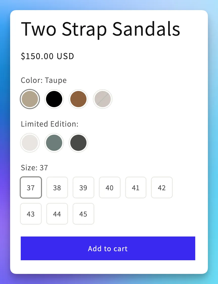 Product page with variant swatches split into Solid Colors and Patterns sections