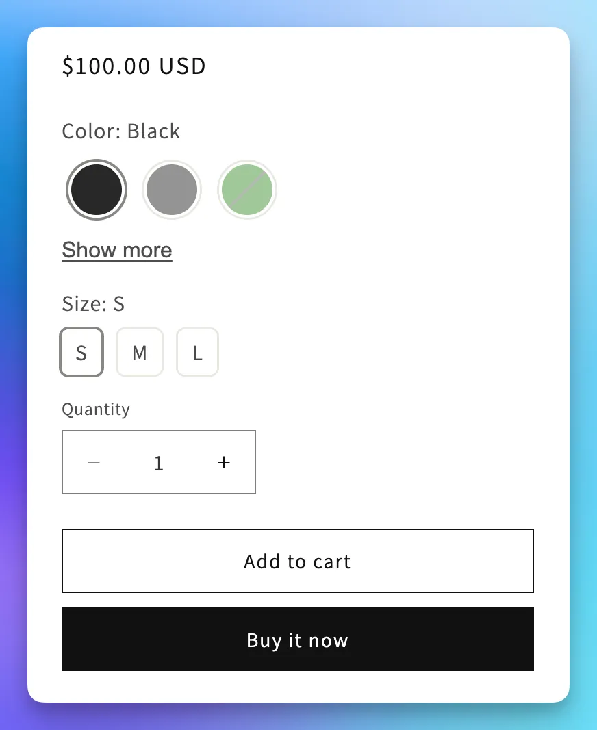 Product page showing limited swatches with Show more button visible
