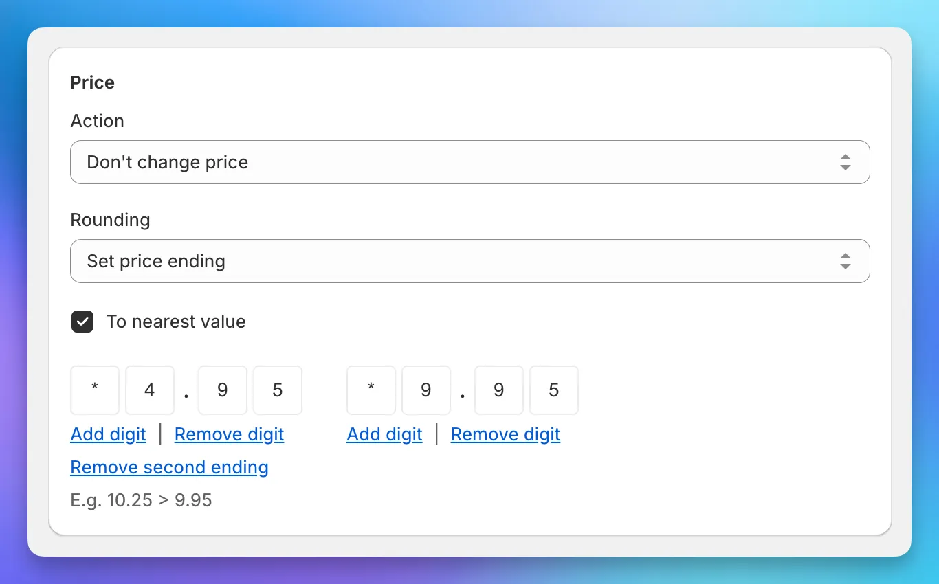 Task creation form showing the rounding dropdown set to Set price ending with digit-box inputs displaying a *.95 pattern