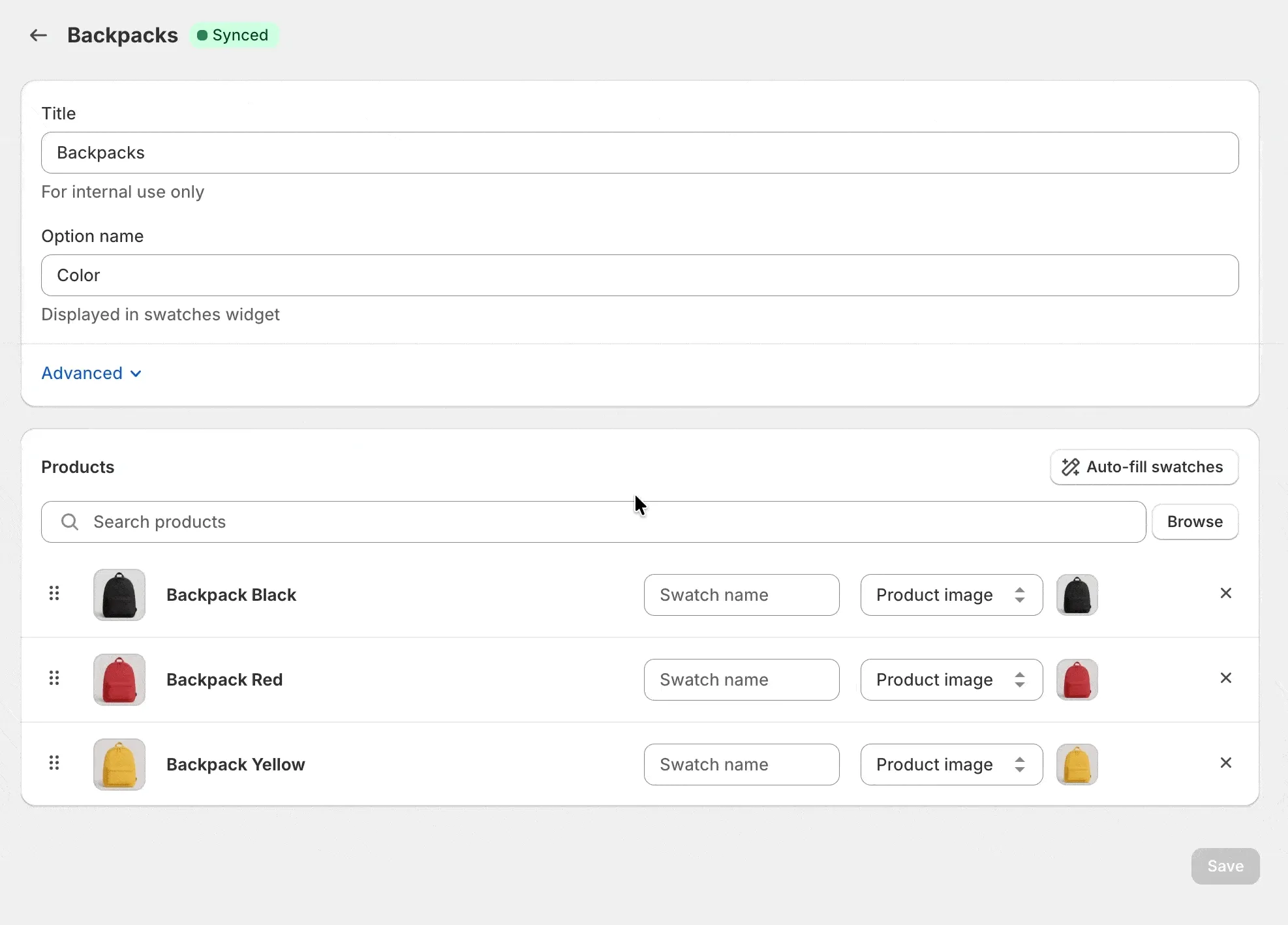 Product group form showing the auto-fill button in the Products section