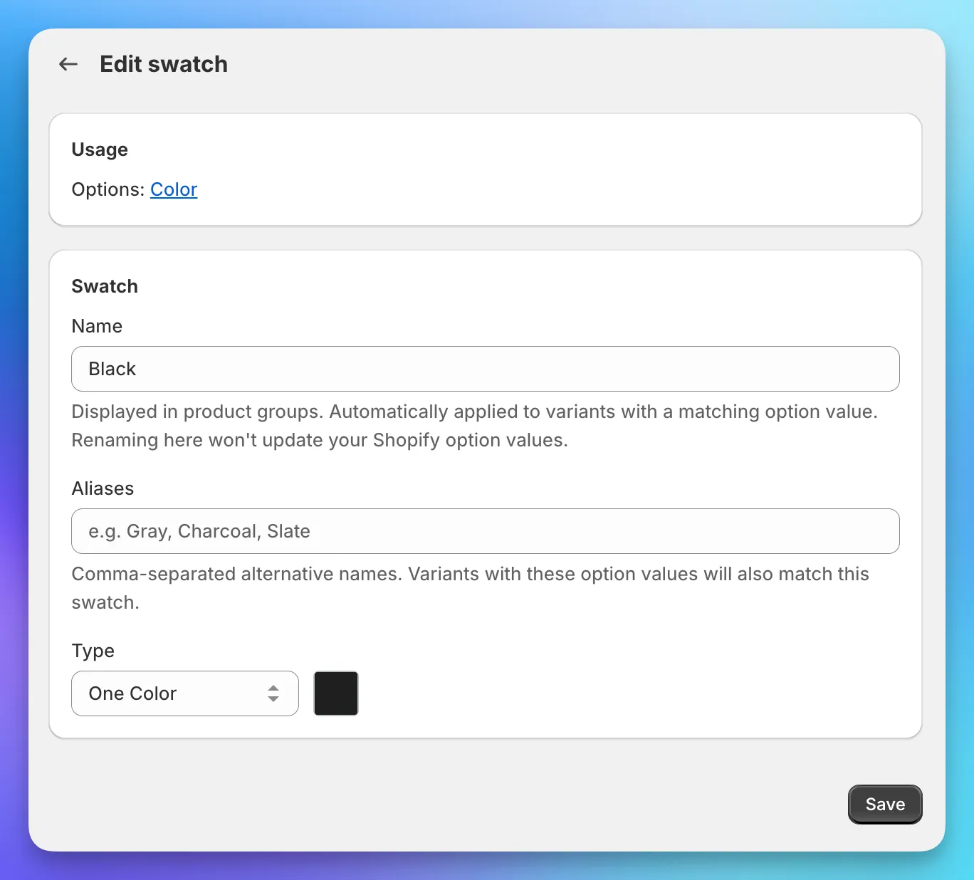 Swatch edit form with fields for name, type, color, and image