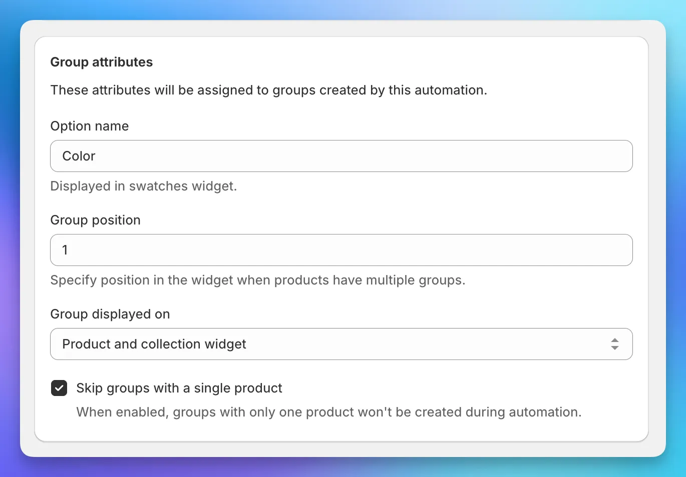 Automation form showing the skip single product groups checkbox