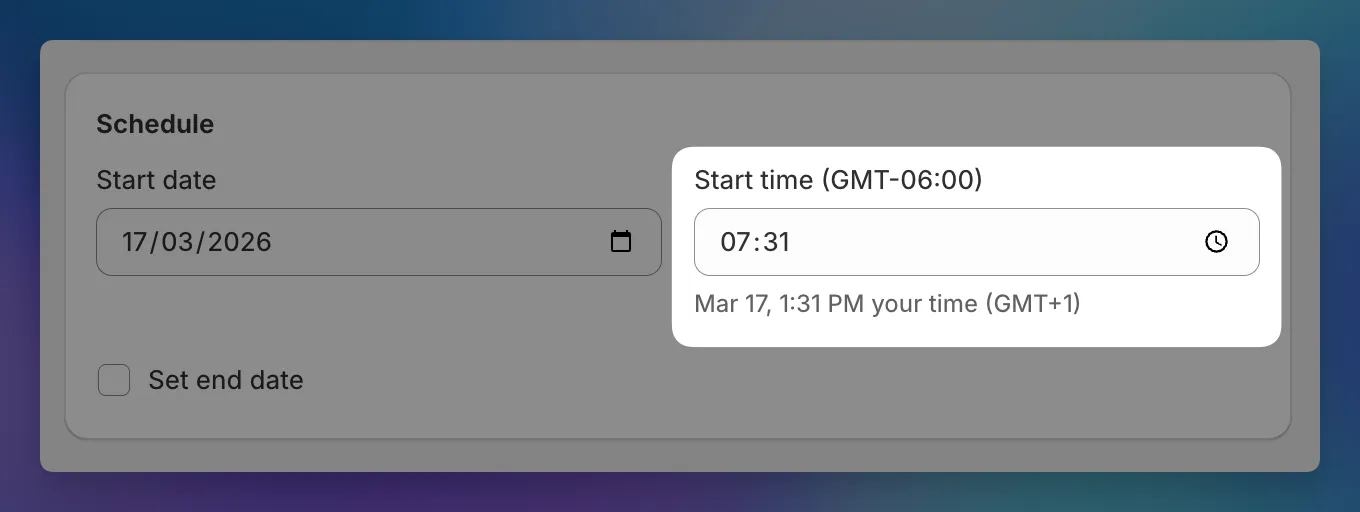 Sale scheduling form showing local timezone hints below the time fields