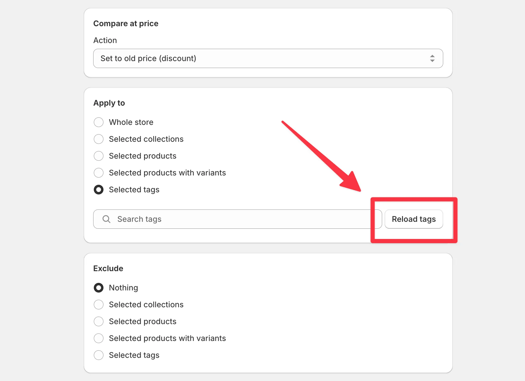 The Apply to card with Selected tags chosen and the Reload tags button next to the search field