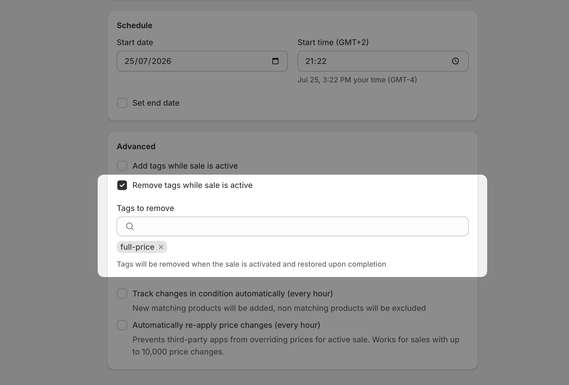 The Remove tags while sale is active option with a tag entered