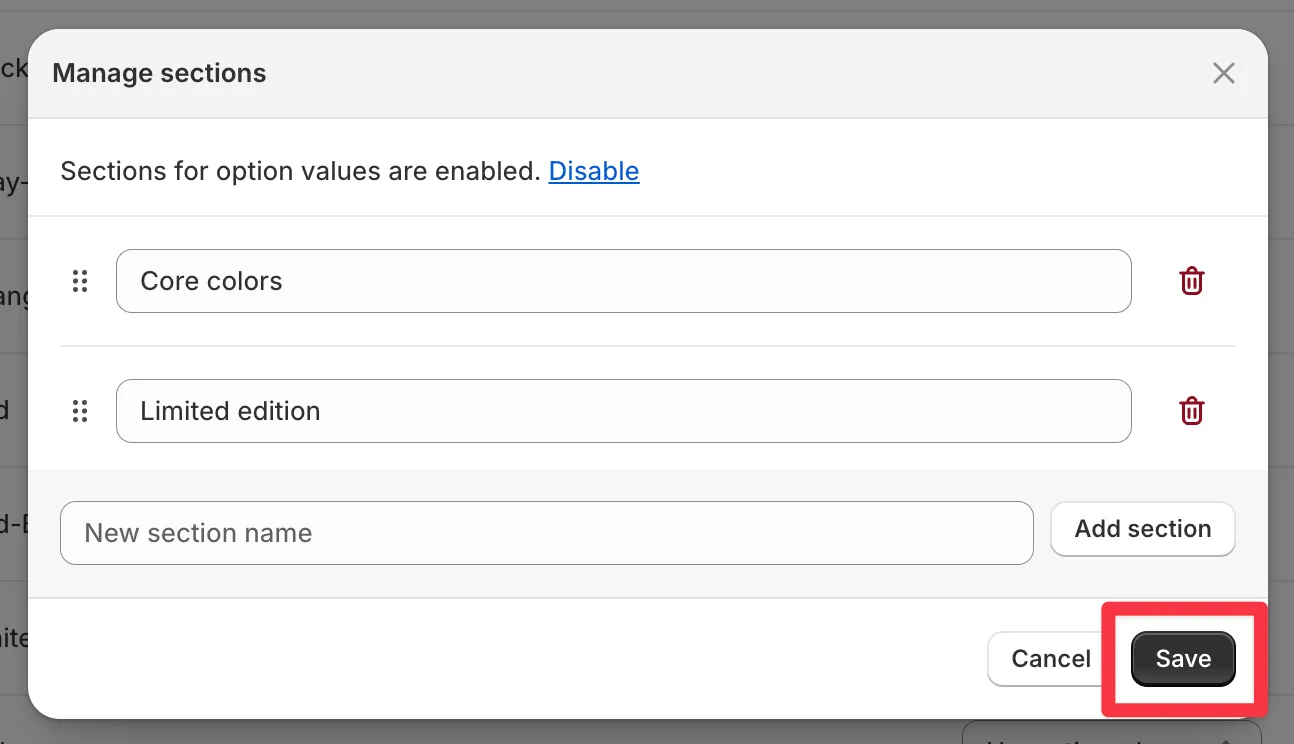 The Manage sections dialog listing Core colors and Limited edition with drag handles, and the Save button highlighted.