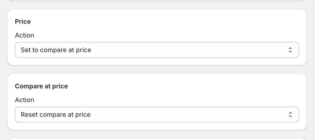 A task configured with Set to compare at price and Reset compare at price actions