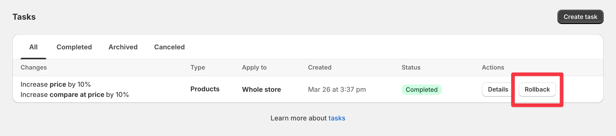The Rollback button on the task details page