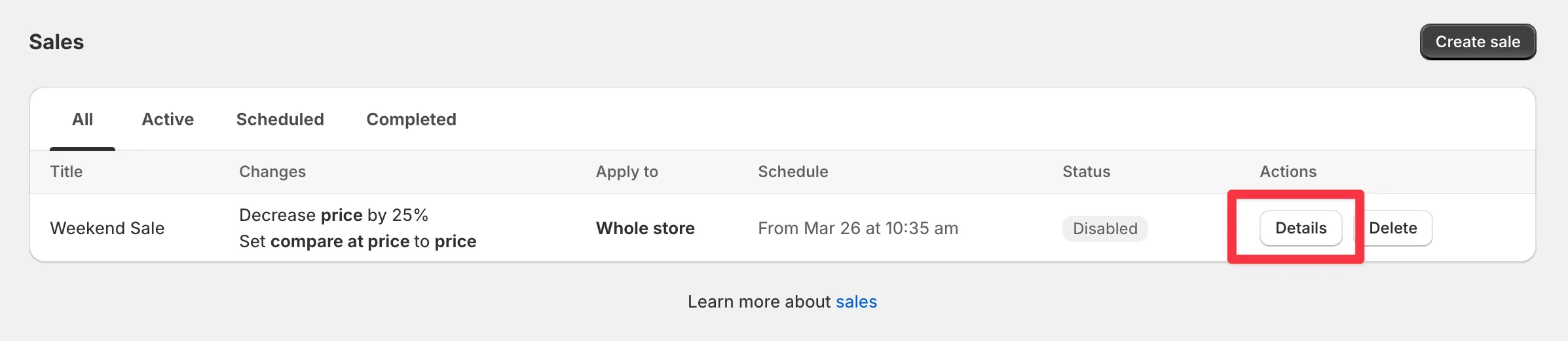 The Details button next to a sale in the sales list