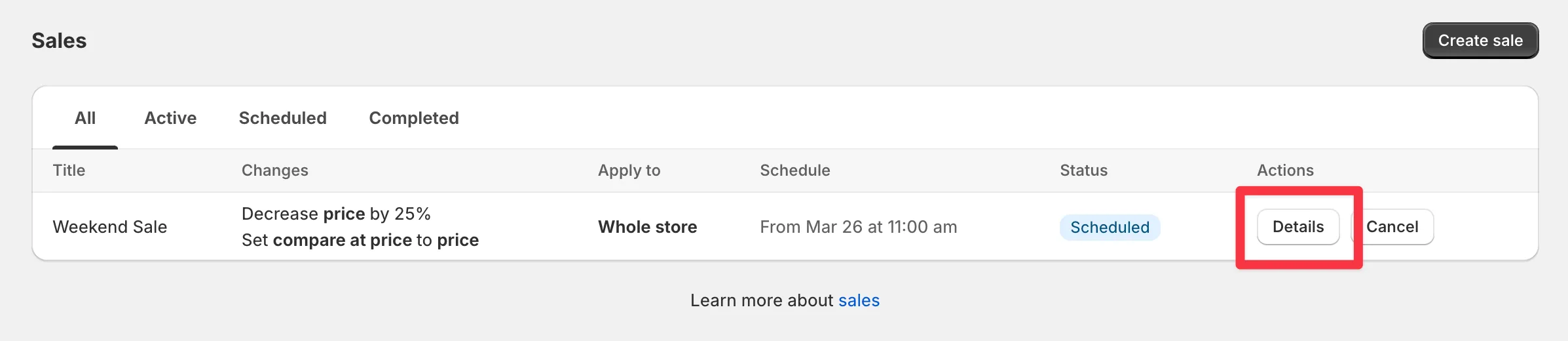 The Details button next to a scheduled sale in the sales list