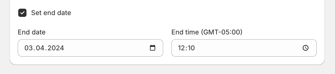 The Schedule card with the end date and time enabled