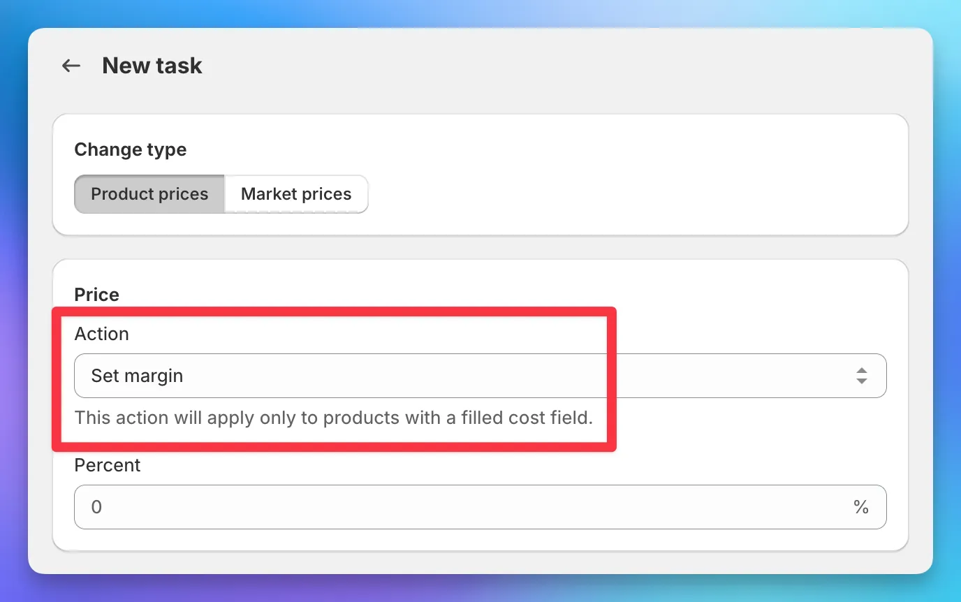 Create Task screen with Set margin option selected