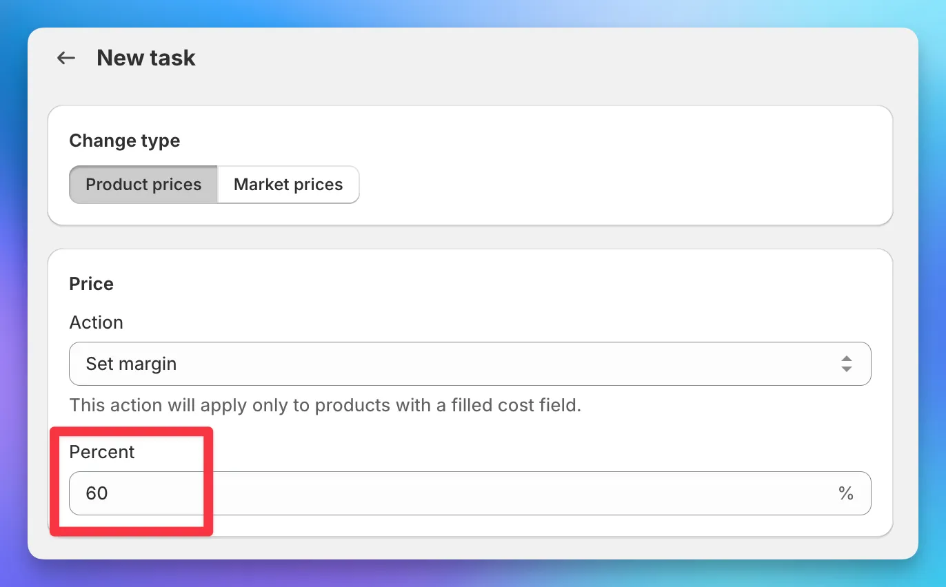 Margin percentage field showing 60%