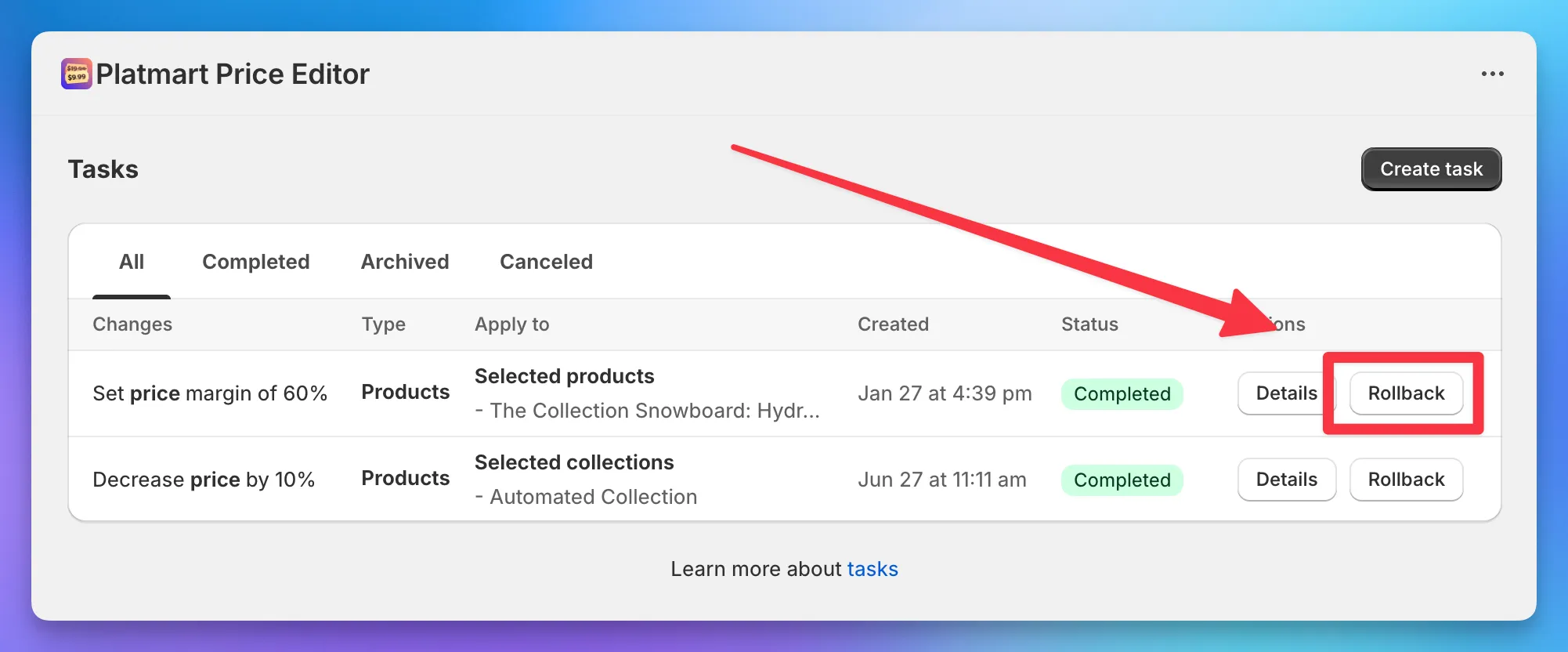 Rollback button in task details