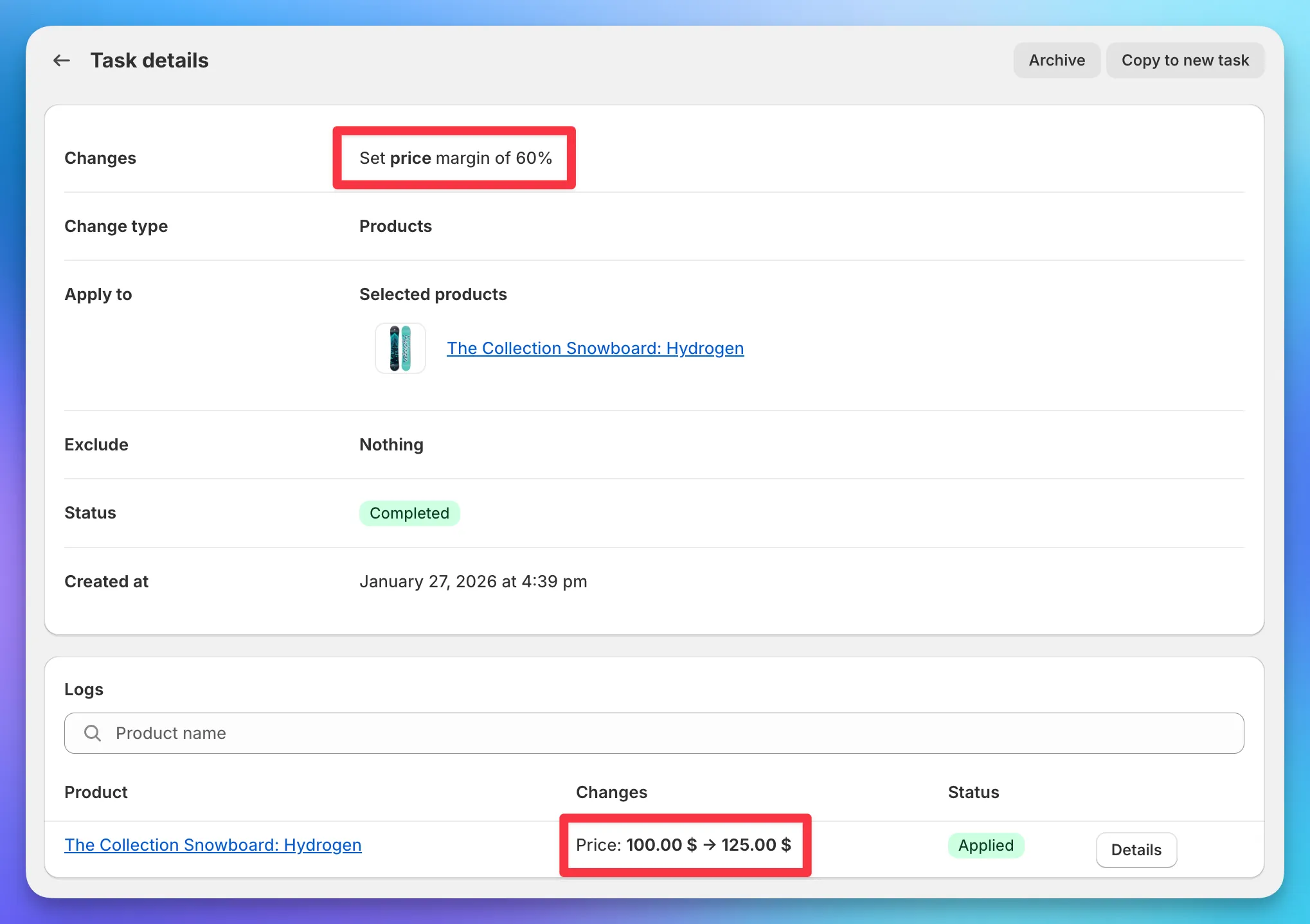 Task results showing old price to new price