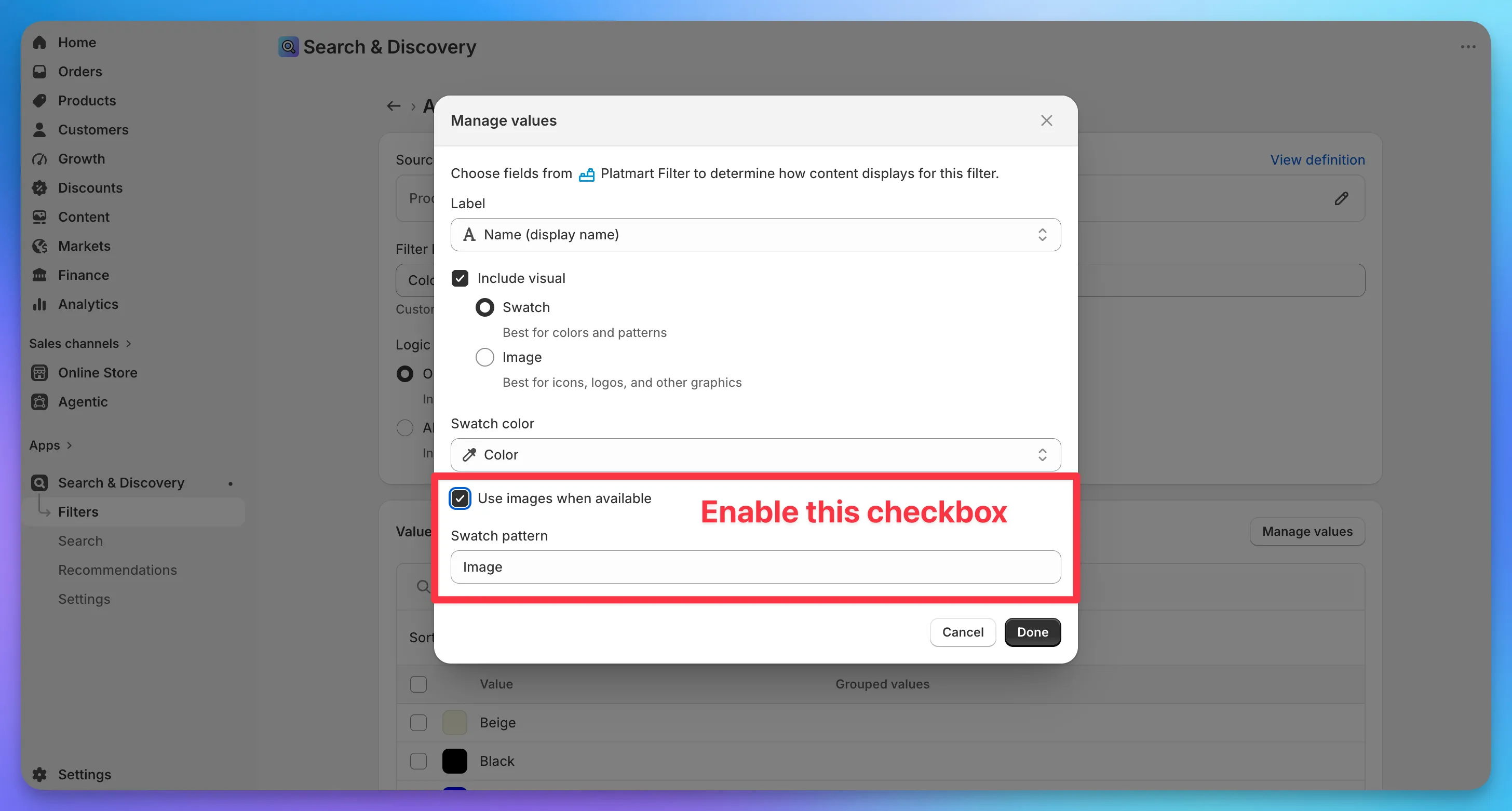 The Manage values dialog with the 'Use images when available' checkbox turned on.