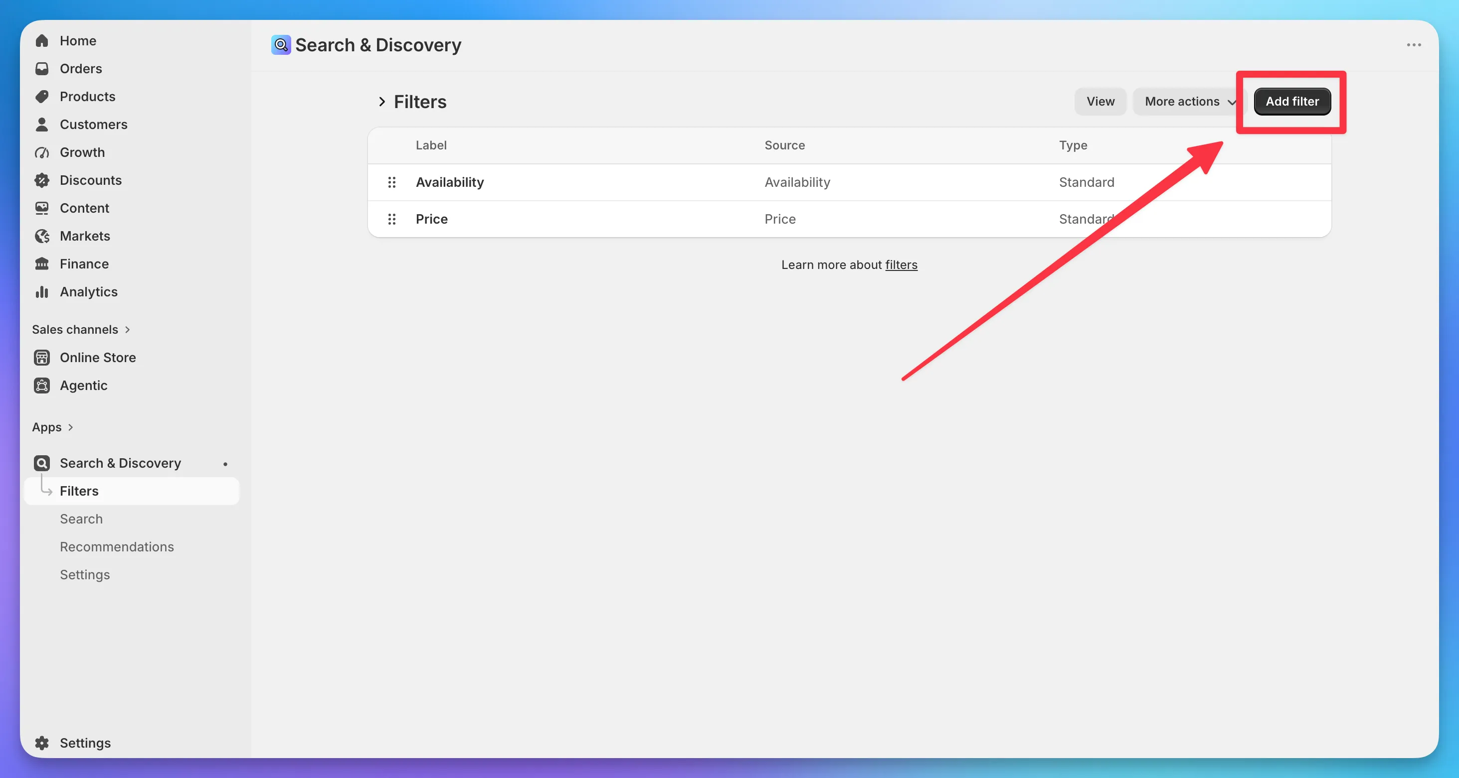 The Search & Discovery app's Filters page, with the Add filter button highlighted in the top right.