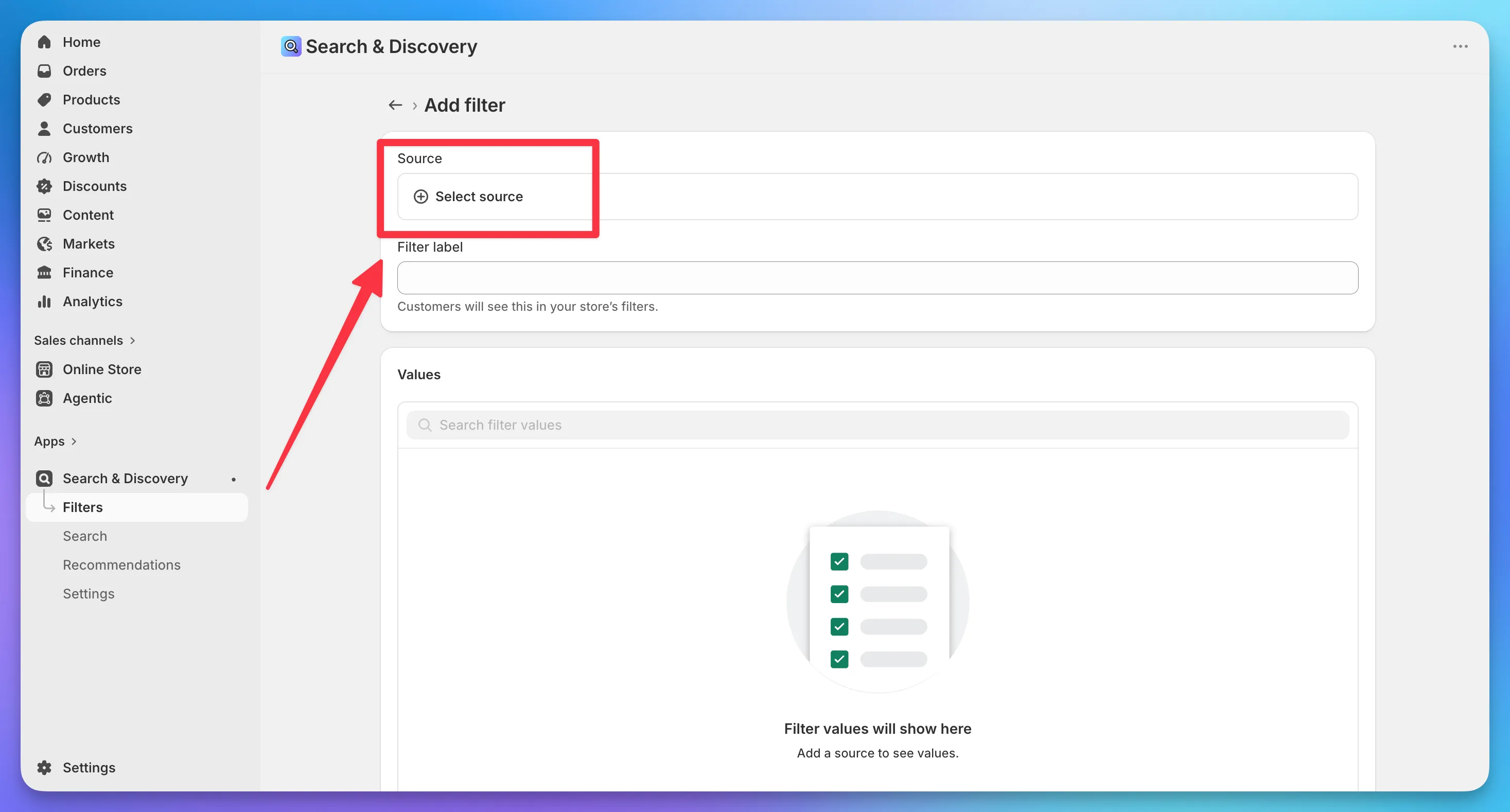The Add filter screen with the Select source button highlighted under the Source heading.