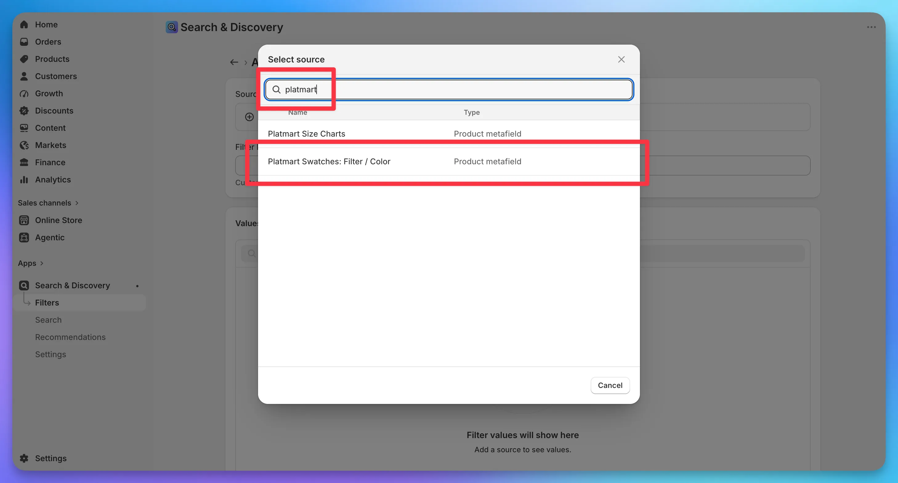 The Select source dialog, searching for 'platmart' and highlighting the 'Platmart Swatches: Filter / Color' product metafield.