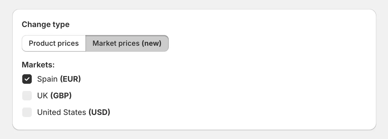 The Change type card with Market prices selected and markets chosen