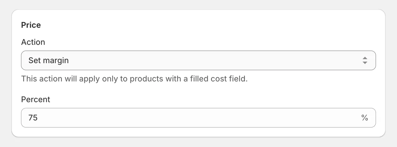 The Price card with Set margin selected and a margin percent entered